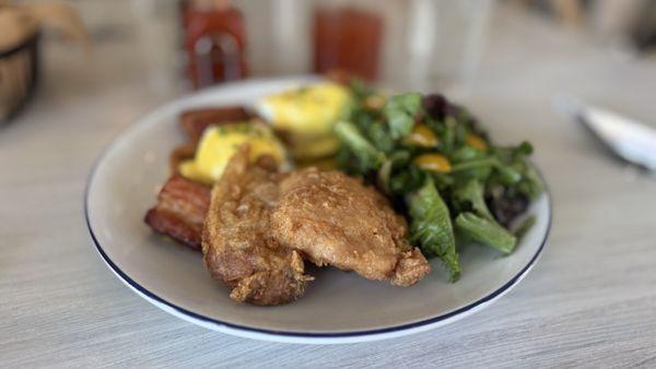 Benedict and fried chicken. Salad