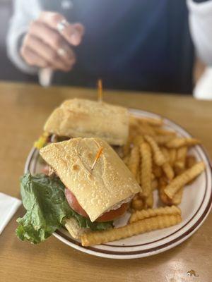 Marin Valle on a sourdough roll (best roll ever) and the old school crinkle fries always fresh and hot.