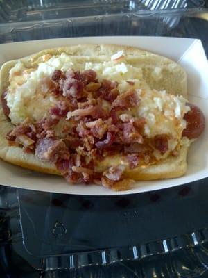 hot dog with chili, cheese, cole slaw and BACON. Step your game up rookie.