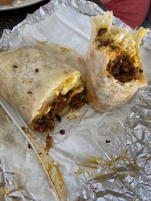 Soyrizo burrito with eggs, potato, and American cheese