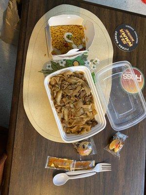 Fried rice and wide rice noodles.
