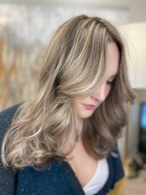 Beautiful Balayage with Curtain Bangs & layers to face frame by Theresa
