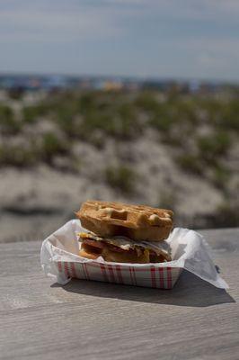 Breakfast Pork Roll, Egg & Cheese on a Waffle