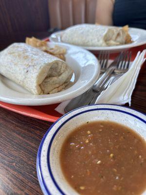 Breakfast burrito with (Huevos Con Chorizo) and hot salsa