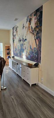 A long shot of the credenza