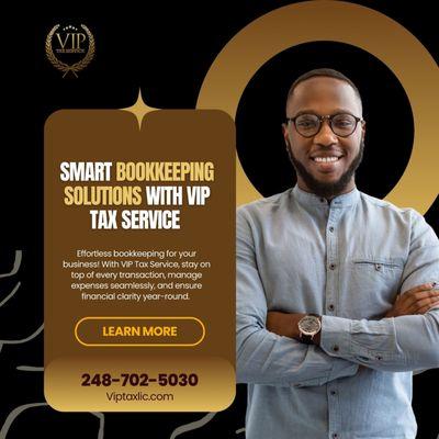 Effortless bookkeeping for your business! With VIP Tax Service, stay on top of every transaction, manage expenses seamlessly.