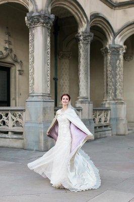 Custom designed bridal cape using vintage material from an existing gown. 2016