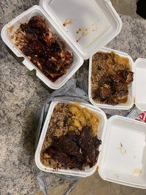 From left to right: bbq jerk chicken, stew chicken, spicy jerk chicken.