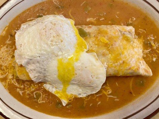 Daily special ~ potato, bean, and two egg burrito with green chile