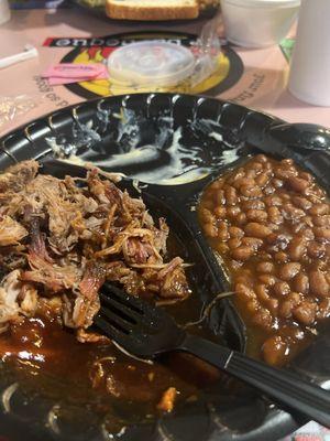 BBQ pork, beans, and the remnants of the Mac n cheese