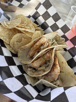 Cajun Catfish tacos with slaw and chips