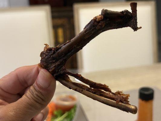 Duck wing. Left over from prior evening. Just the bibes. Probably left over from prior customers that didn't finish.