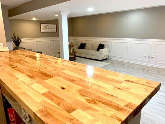 Butcher block countertop, wainscoting & pillars