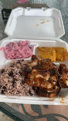 Jerk chicken, beet salad, plantains, rice and beans