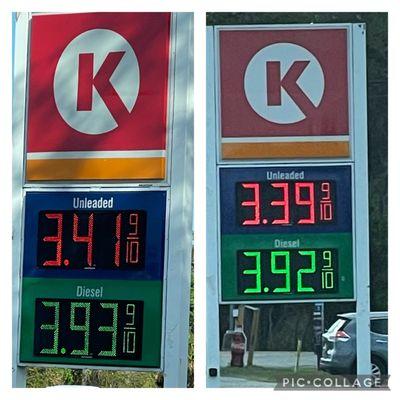 Regular gas dropped 2 cents in an hour when we drove by