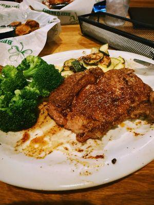 Ribeye w/cajun seasoning added, broccoli and zucchini