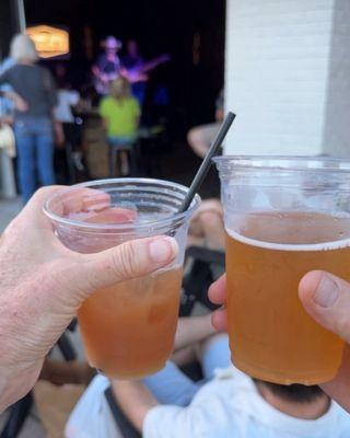Mountain Mama (Black Cherry Moonshine & Pineapple juice) and a Hefeweizen Beer