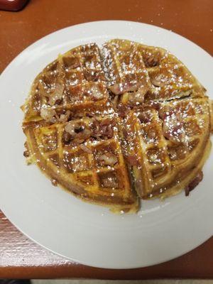 Our Bacon Cheddar Waffle Try our Belgian waffle and bit of everything come together you will not regret it.