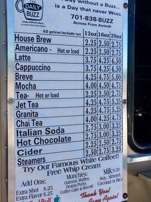 Menu at the Daily Buzz