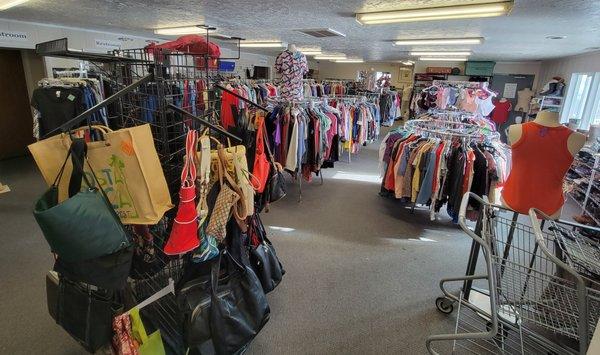 CLOTHING IS UPSTAIRS.  ELEVATOR GIVES ACCESS TO CARTS TOO!