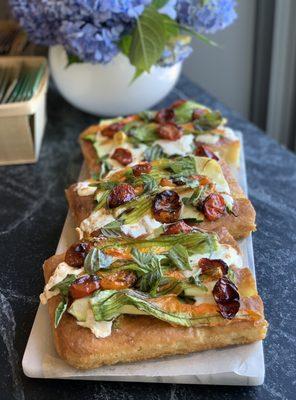 Focaccia w Squash Blossoms, Burrata, Zucchini, Roasted Tomato & Basil