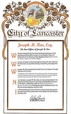 Mr. Kar was commended by the city of Lancaster, CA, for his outstanding legal prowess and excellence in trial.