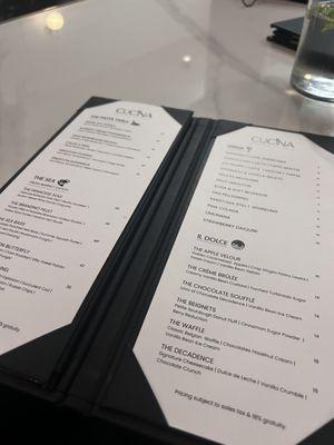 Part of menu, mainly dessert visible