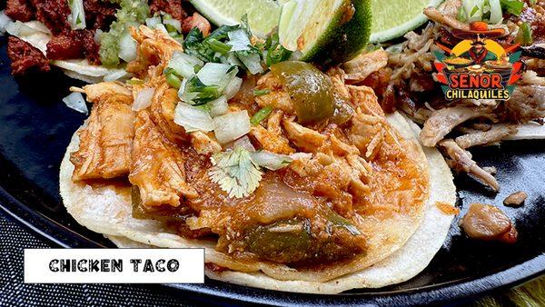 Chicken TacoOur chicken taco is a crowd-pleaser, filled with juicy, seasoned grilled chicken, wrapped in a soft tortilla and crowned with c