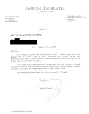 Letter from Michael Ziccardi requesting I remove my Yelp review.