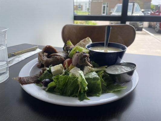 Gyro Combo Plate w/ Steak Kabob, Greek Salad & Soup (Avgolemono ~ we had ordered wild rice)   Steak Kabob was delicious.