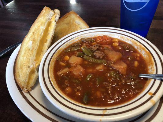 Great lunch special on a cold day: Vegetable Beef Soup and a Grilled Cheese Sandwich. Both were delicious.