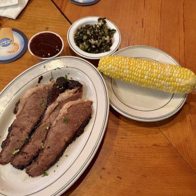 Brisket, corn cob, collard greens