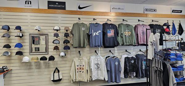 We offer a wide selection of hats, Tee's, crew necks and sweatshirts that make great unique gifts.