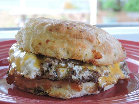 Sausage egg and cheese on a chile cheese biscuit.