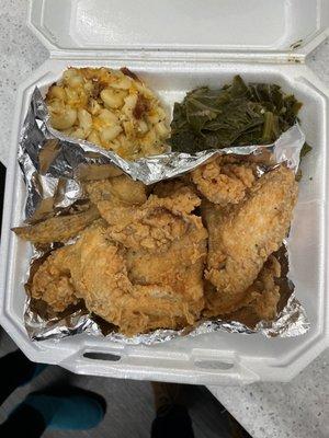 Mac & cheese, collards & chicken Whole Wings Lunch Special