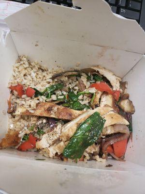 Zaza rice bowl *bland veggies w/tasteless, tough chicken. I added a bit of salt and pepper prior to taking the pic.