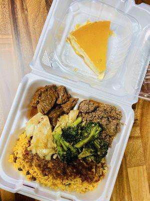 Spicy adobo chicken wings, pulled pork, yellow rice with beans, cabbage, broccoli, and FLAN