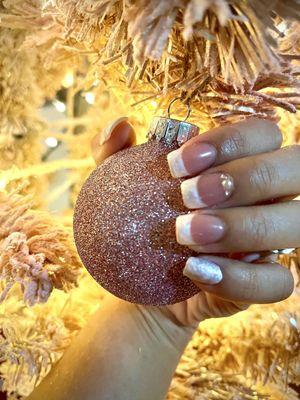 Polygel (7) manicure: (02) white marble & marble French tip with pearl & rhinestone.
