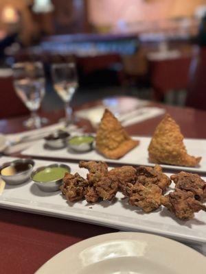 Vegetable Samosas and Pakoras.