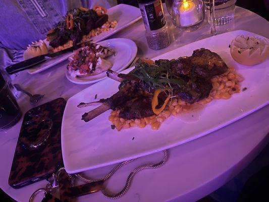 Lamb chops and beef tenderloin also bruschetta in the middle.