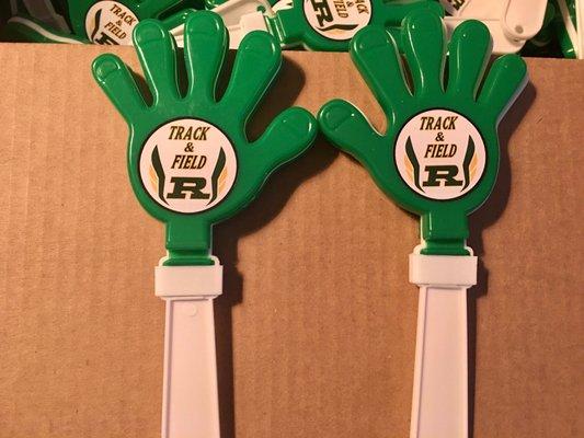 The stickers for the hand clappers for Royal High Track & Field