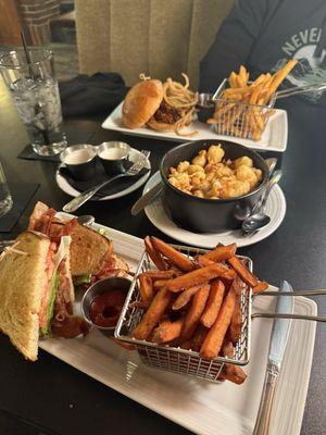 BLT with sweet potato fries, cheese curds, bbq pulled pork sandwich