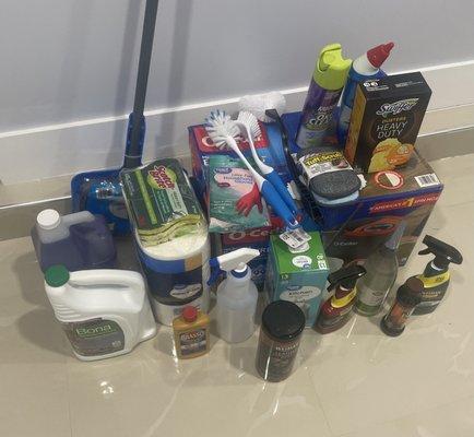 These are the cleaning supplies every single one of our service members are equipped with when working on a cleaning service.