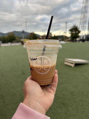 2 shots of espresso, splash of 1/2 & 1/2 with 1 pump caramel.