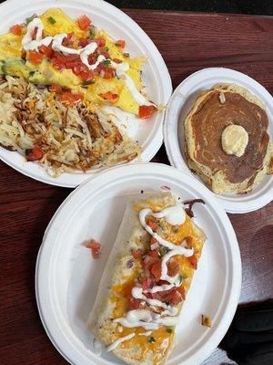Southwestern Omelette, Pancakes, Denver Omelet Burrito