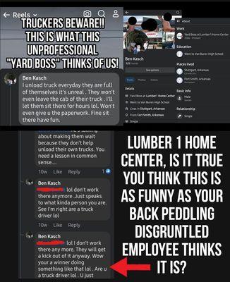 Disgruntled employee Ben Kasch bragging on FB about what he does to truckers while they are docked at Lumber 1 Home Center