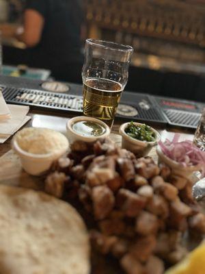 Pork belly taco board paired with Ayinger Maibock (guest tap)