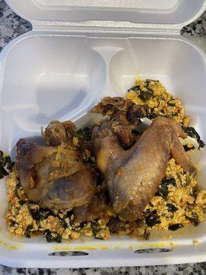 Dried out chicken and Egusi Soup that had no consistency and was very oily.