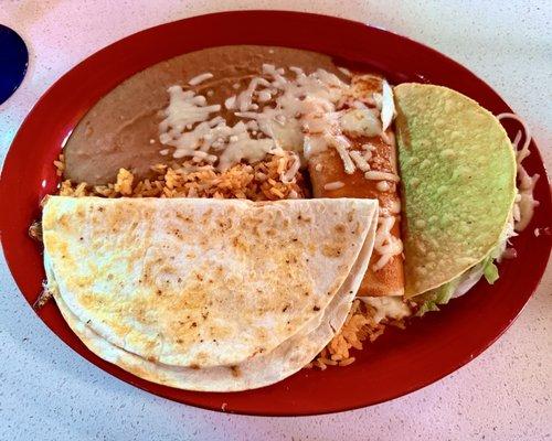 Quesadilla, enchilada, and hard beef taco (pick your own combo)