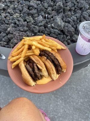 Beer cheese smash burger and fries
